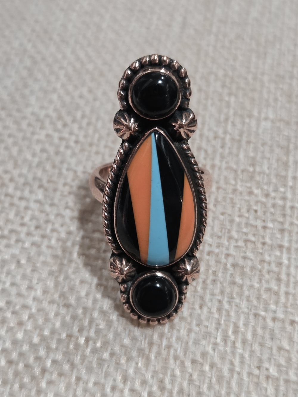 Handcrafted Onyx, Orange and Turquoise Inlay Statement Ring - Women Jewelry